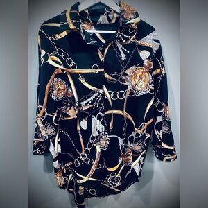 Women’s Vintage Equestrian Relaxed Fit Long Button Up Top Size L